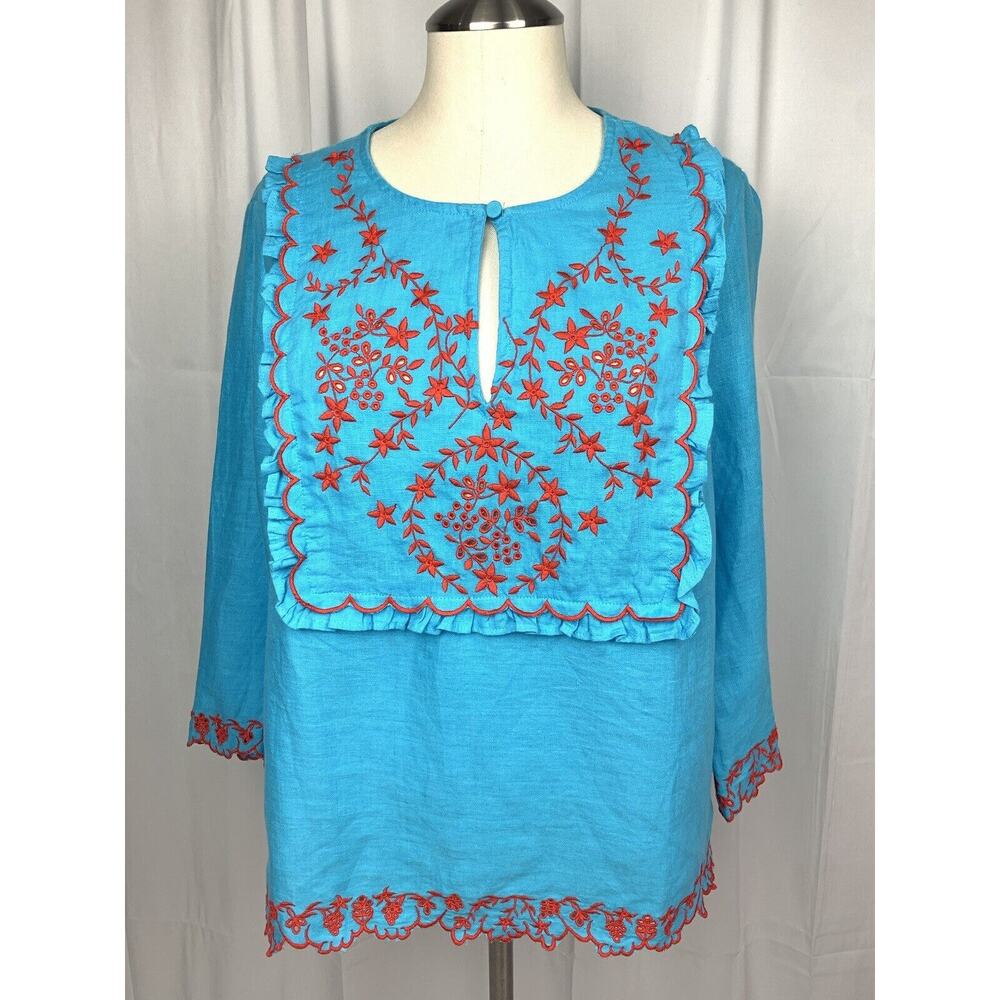J. Crew Women's Blue Red Embroidered 100% Linen Boho Peasant Hippie Blouse S